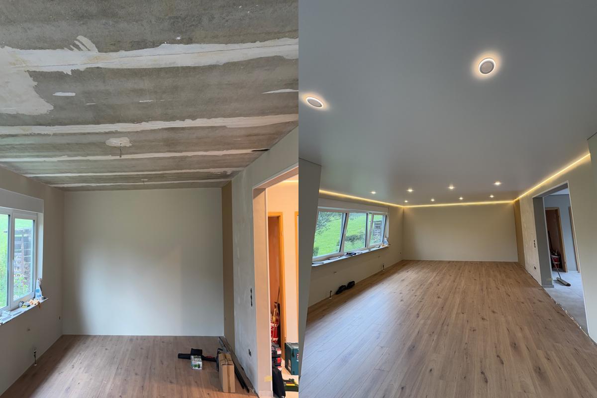 Spanndecke vorher-nachher Wohnzimmer